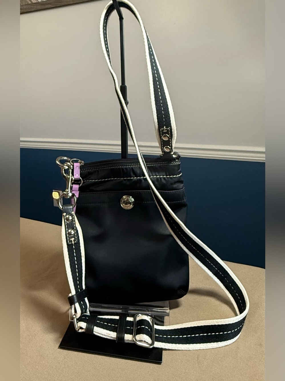 Coach Black Crossbody Bag with White-Trim Strap and Lavender lining. - Picture 9 of 9